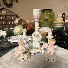 Vintage 3-Pc Arnart Crossed Arrows Bisque Porcelain Candlestick & Cherub Set picture