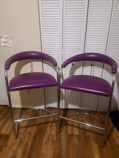 Vintage Pair Of Anton Lorenz  Purple Leather And Chrome Barstools By Thonet... picture