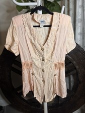 VTG 90s Coquette Sonata Pink Jacquard Blouse Lace Waist Peplum Top USA Sz M picture