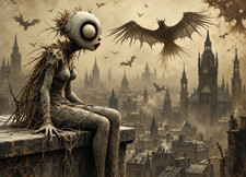 'she had been warned' e9Art AI ACEO Surrealism Fantasy bats birds gothic picture