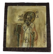 Vintage Religious Reverse Painted Glass Small Panel On Wood picture