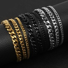 3/5/7/MM Stainless Steel Silver/Black/Gold Plated Cuban Chain Bracelet Men 7-11
