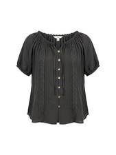 Rockmans Black Button-Up Short-Sleeve Blouse Lace Trim 14 picture