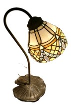 Vtg Tiffany Style Table Lamp Gold Stained Glass Baroque Gooseneck Lily pad Base picture
