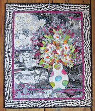 Handmade Art Quilt Wall Hanging Batik Applique Flower Bouquet Floral Black White picture