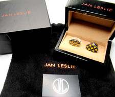 JAN LESLIE Sterling Silver 925 Yellow Enamel Cuff Links NEW In Box & Pouch picture