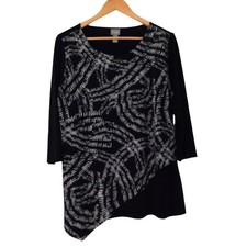 Chico's Travelers Sz. L 2 Black & White Colorblock Print Solid Slinky Tunic Top picture