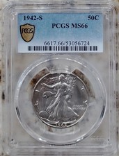 1942-S Walking Liberty half dollar, PCGSMS66; Superb Gem Unc, wartime issue picture