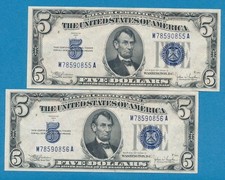 2-$5.00 1934-C  CONSECUTIVE SILVER CERTIFICATE BLUE SEAL CHOICE NEW PAIR picture