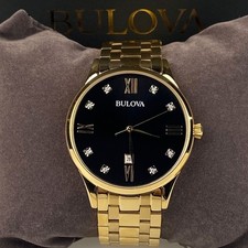 Bulova Classic Diamond 97D108 Men's Quartz Watch Black Dial Gold Bracelet 40mm picture