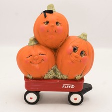 Vtg 80s Halloween Anthropomorphic Jack O Lantern Pumpkins on Red Wagon Figurine picture