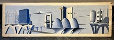 Cool 1968 Surrealist Futurist Cityscape Panoramic Gouache Painting Signed Fedus picture