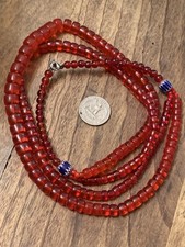 VTG Antique 925 Red Bohemian Fire Glass Necklace With Blue Chevron Trade Beads picture