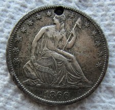 1866-S With Motto Seated Liberty Half Dollar Rare Key Date XF AU Holed Graffiti picture