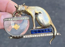 1940s Anthony Aquilino Sterling Silver Cat Fishing Fish Bowl Jelly Belly Brooch picture