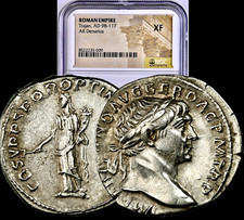 98-117 AD Trajan Ancient Roman Silver Denarius “SPQR” “OPTIMO” Coin NGC XF picture