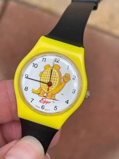 VTG 1990s Eggo Waffles Dinosaur Graphic Yellow & Black Wrist Watch w/Fresh Batt. picture