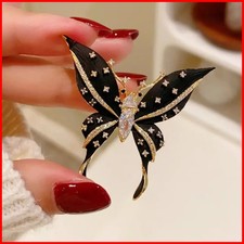 Vintage Black Enamel Butterfly Brooch Gold Tone Crystal Rhinestone Pin picture