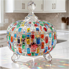 24 OZ Large Glass Candy Dish with Lid, Vintage Colorful Crystal Candy Bowl, Deco picture