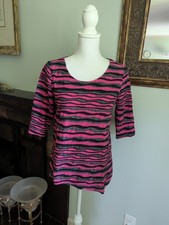 Habitat Women's Small Pink Black Wavy Pieced Knit Asymmetrical Hem Top Half SLV picture