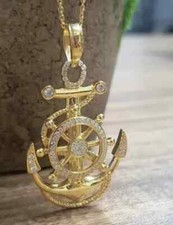 1.80Ct Round Cut Real Moissanite Anchor Charm Pendant Yellow Gold Plated Silver picture