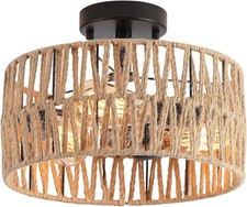 3-Light Coastal Woven Flush Mount Light Fixture Boho Rustic  picture