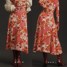 NWT Anthropologie Marimekko Volyymi Serenaadi Pink Red Floral A Line Midi Skirt picture