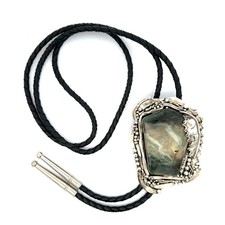 Vintage Stan Davidson Sterling Silver Moss Agate Black Leather Bolo Tie picture