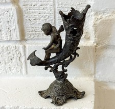 Antique Figural Cherub Cornucopia Spill Vase Match Holder Cast Metal Rococo 5” picture