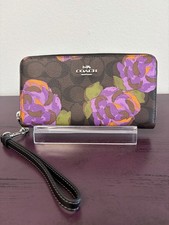 COACH Long Zip Around Wallet In Signature Brown Canvas With Rose Print picture