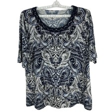 Rockmans Womens L Paisley Top Multi-Colored Embellished Scoop Neck Short Sleeves picture