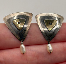 Vintage Deirdre Donchian Sterling Silver 18k Accent Dangle Earrings Signed 1990s picture