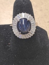 D'Joy Blue Star Sapphire (DF), Moissanite Ring in Rhodium Over Sterling Silver picture