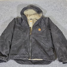 Carhartt J141 BLK Sierra Sherpa Lined Sandstone Duck Jacket Black Mens Large picture