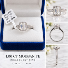 1.00 CT Emerald Cut Moissanite Ring Size 6 Halo Pavé GRA Certificate & Box picture