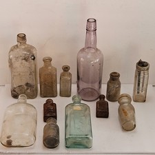 12 Antique Dug Glass Bottles Lot Purple Desert Glass Basom Distillery 1930s picture