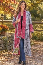 Women Handmade  One Of A Kind Black Kantha Duster Open Front Kimono & Scarf picture