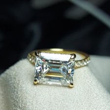 RARE 7.10 Ct Certified Emerald Cut Off White Treated Diamond Ring 925 Silver  picture
