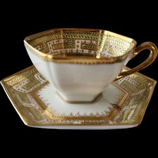 Antique Nippon RG Hand Painted Gold & Green Cup & Saucer Set – Hexagonal Porcela picture