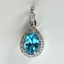 EMA 14K White Gold Blue Topaz Natural Diamond Halo Pendant picture