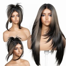 BrownBomb 26” Lace Front Wig Ash Brown Ombré Black Body Layered Synth Kit New picture