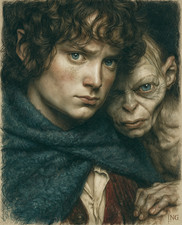 Frodo Baggins with Gollum in a Shadowed Woodland Close-Up Print - 798568643 picture