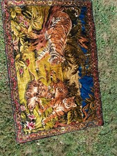 Vintage 1970s Velvet Plush Tapestry Tiger Family Made in Lebanon 4x6ft picture