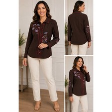 Bob Mackie Wearable Art Brown Embroidered Floral Button Front Shirt Womens Small picture