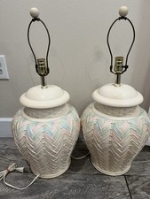 Vintage 80s Postmodern Ceramic Lamps Pair Basketweave Palm Beach MCM, Regency picture