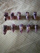 Z NAILZ Handmade Lilac M Stiletto With black & Siver Halloween/Gothic Motifs On picture