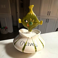 Holt-Howard Vintage Ceramic Olive Jar w/ Lid and pic 1958 Kitch MCM picture