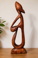 Vtg Hand Carved Wood Mother & Child Sculpture 18” Abstract Folk Art NURSING MCM picture