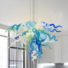 Murano Handmade Blown Glass Chandelier Blue Turquoise Clear White Light D28XH20
