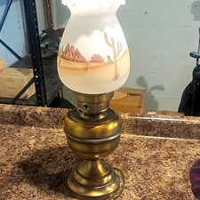 Vintage Fenton Glass Lamp Desert Landscape, Antique Brass Base, 23